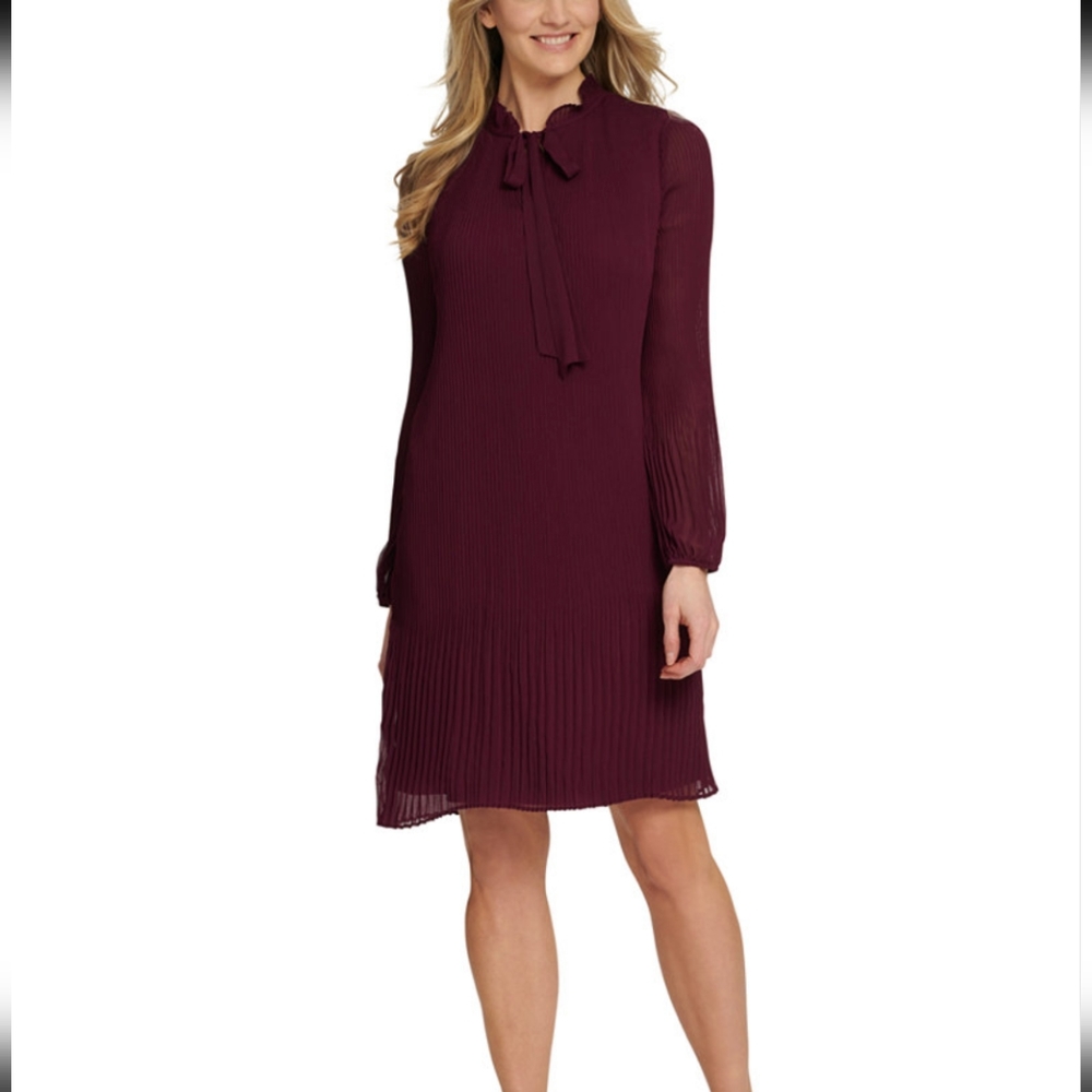 DKNY Red Long Sleeve Tie-Neck Pleated Dress, 10